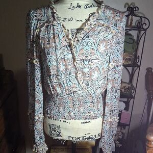 Anthropologie Blue,Orange, Brown Patterned Blouse Size XS